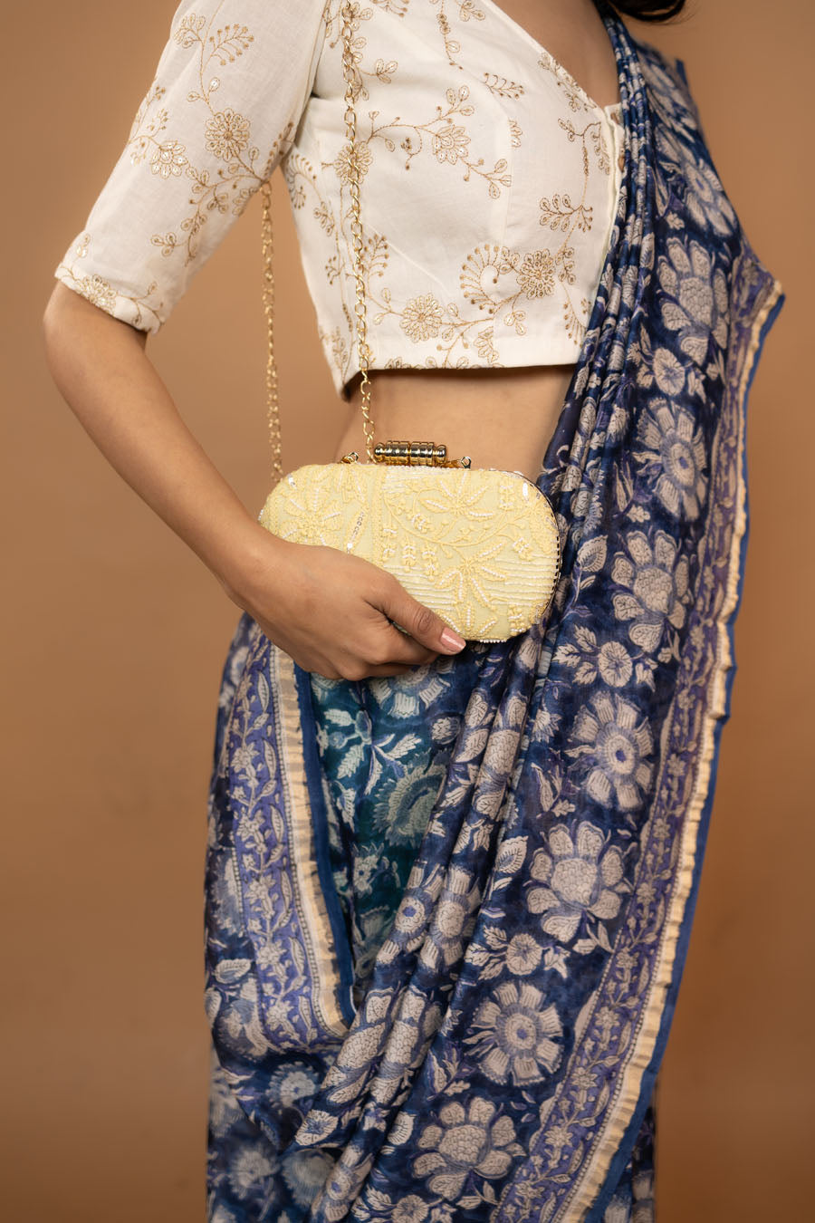 Silk Aura – Navy Blue Hand Block Printed Chanderi Silk Saree MeMaana