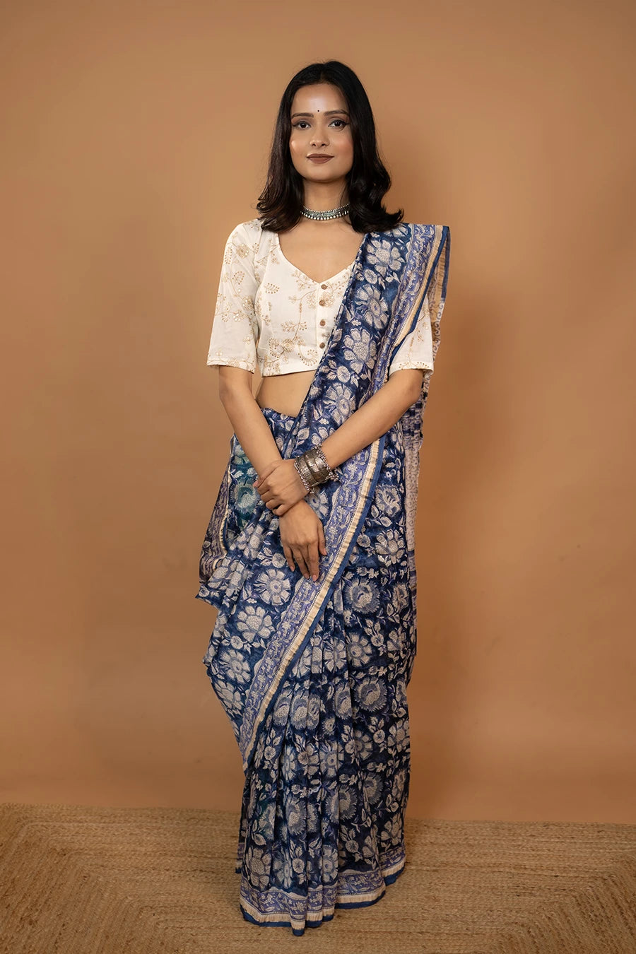 Silk Aura – Navy Blue Hand Block Printed Chanderi Silk Saree MeMaana