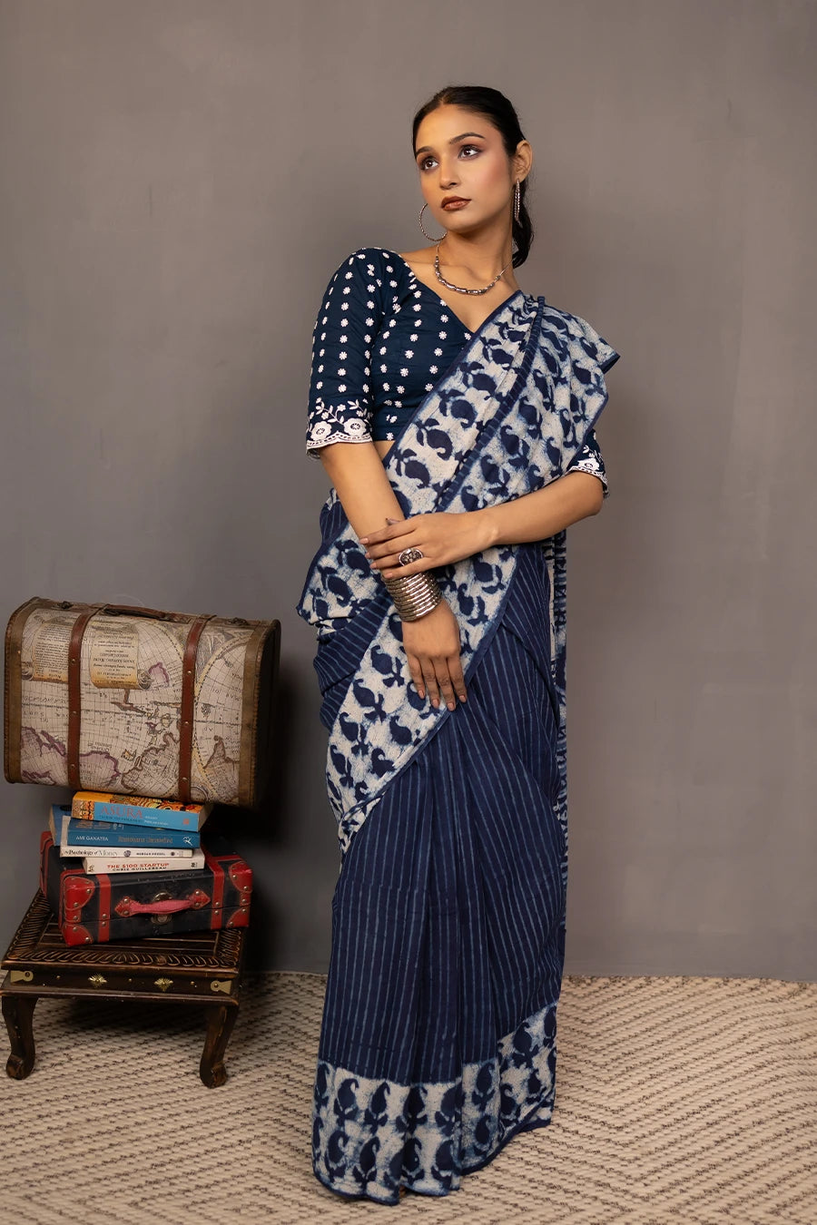 Indigo blue hand block printed mulmul cotton saree