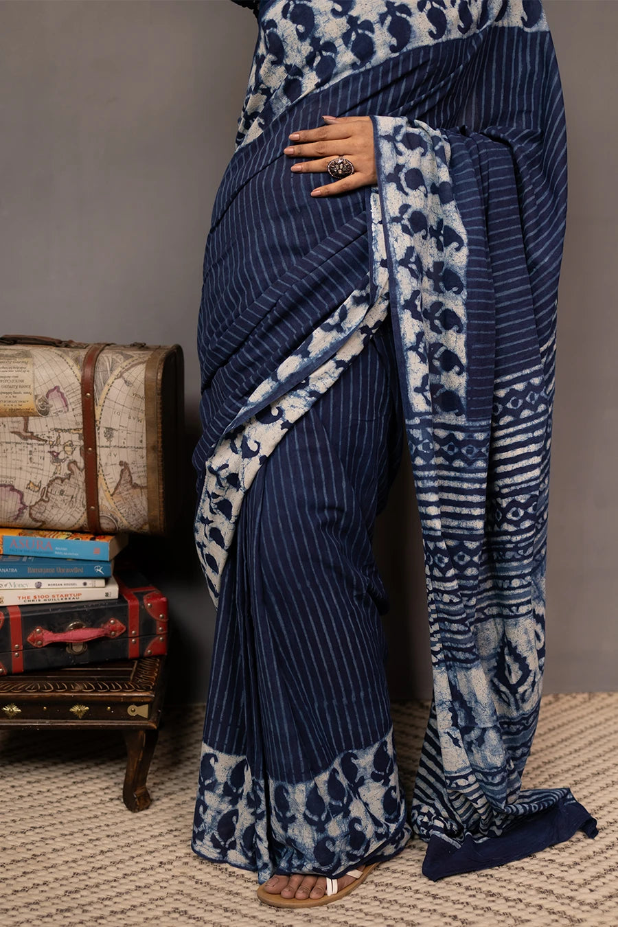 Indigo blue hand block printed mulmul cotton saree