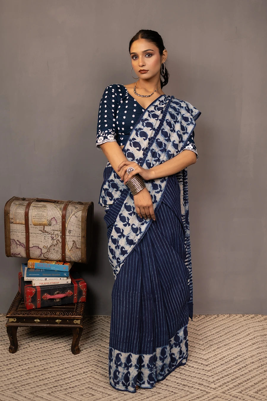 Indigo blue hand block printed mulmul cotton saree