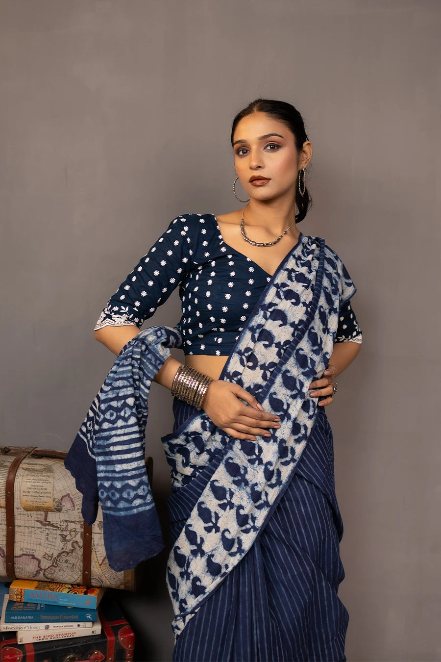 Indigo blue hand block printed mulmul cotton saree