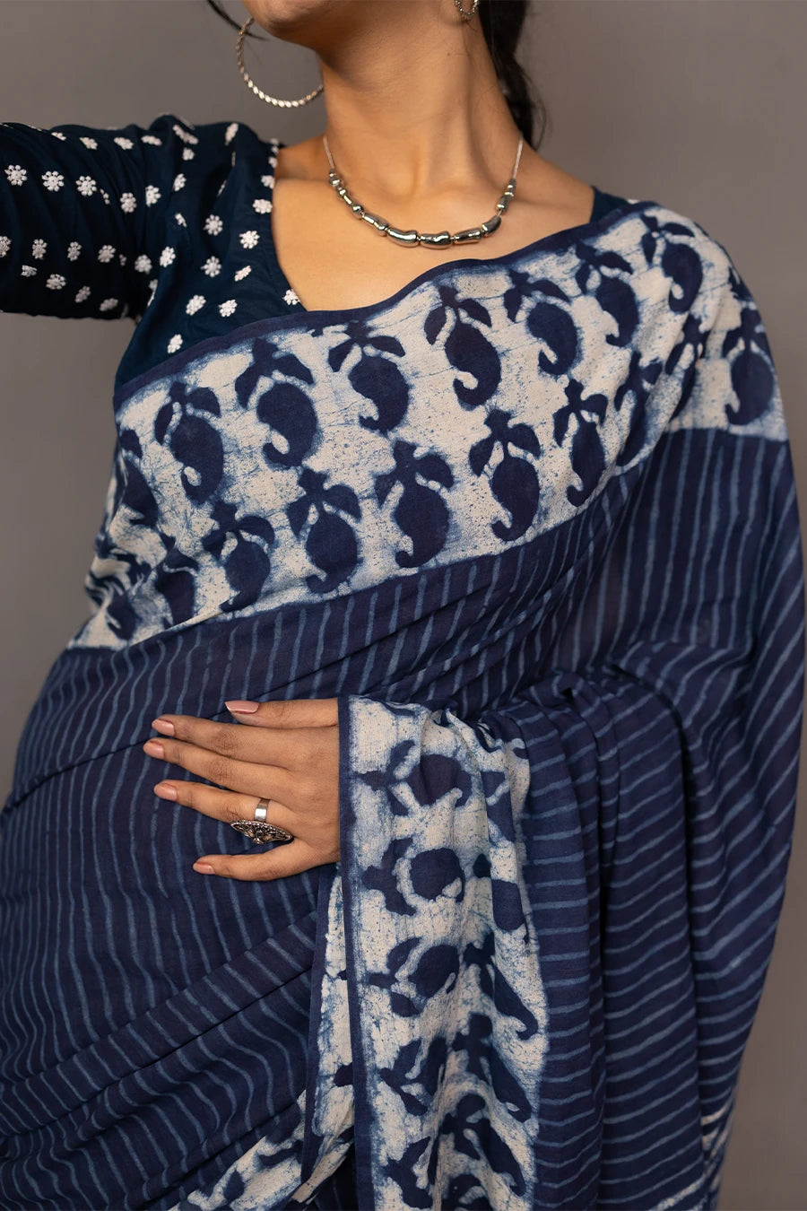 Indigo blue hand block printed mulmul cotton saree