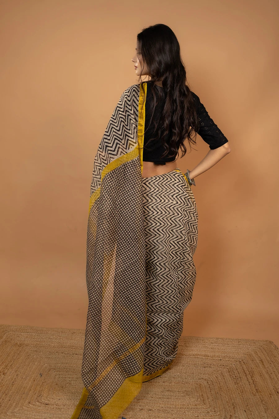 Sheer Grace black zig zag hand block printed pure kota cotton saree