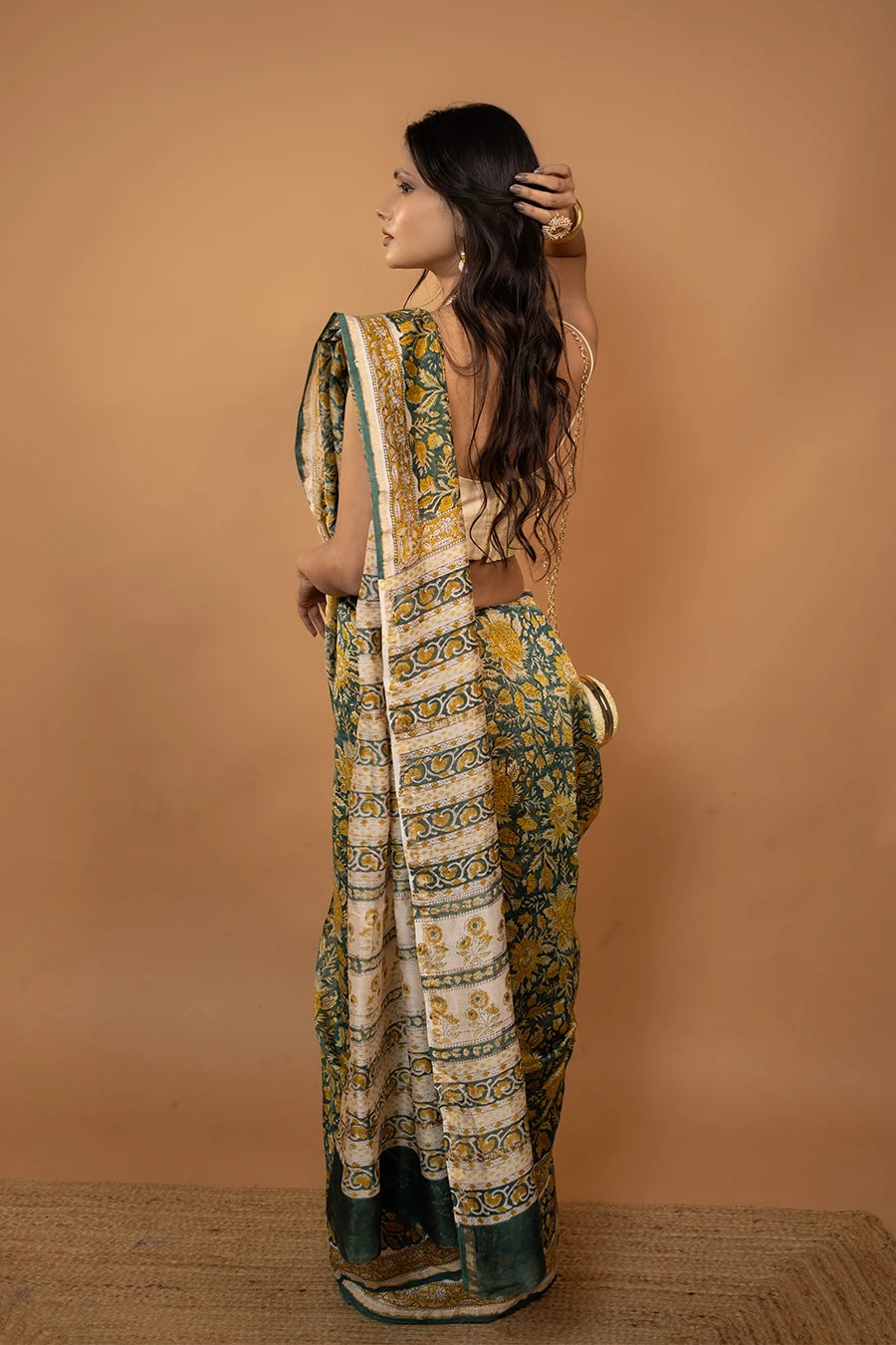 Silk Majesty green hand block printed Chanderi silk saree