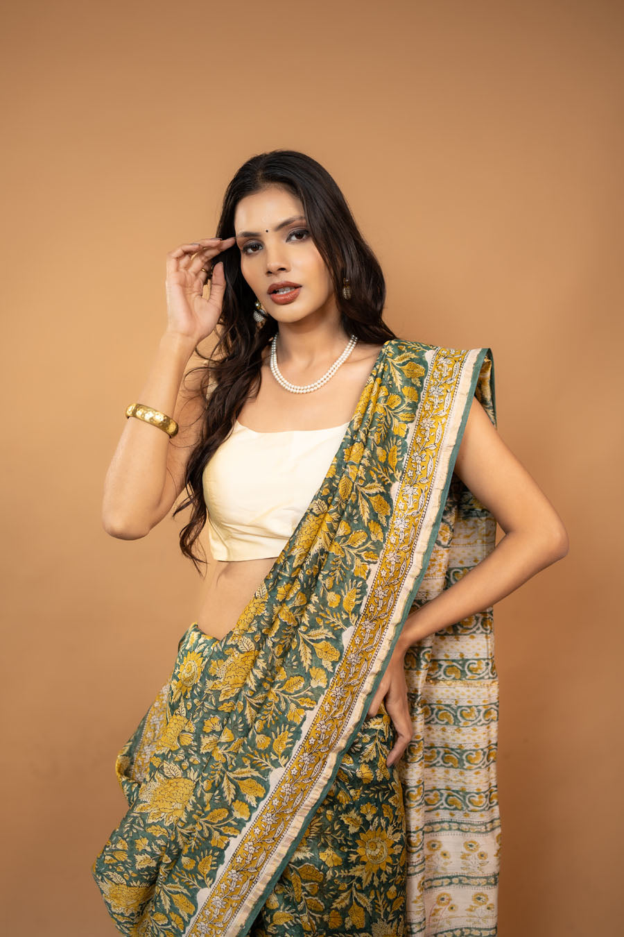 Silk Majesty green hand block printed Chanderi silk saree