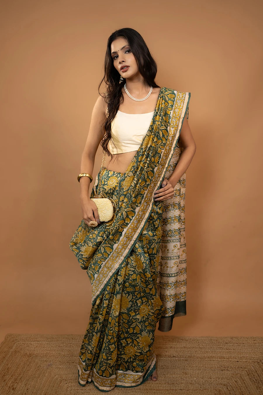 Silk Majesty green hand block printed Chanderi silk saree