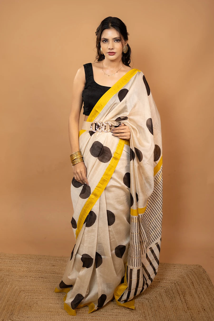 Cream block printed Maheshwari silk saree with polka dot pattern