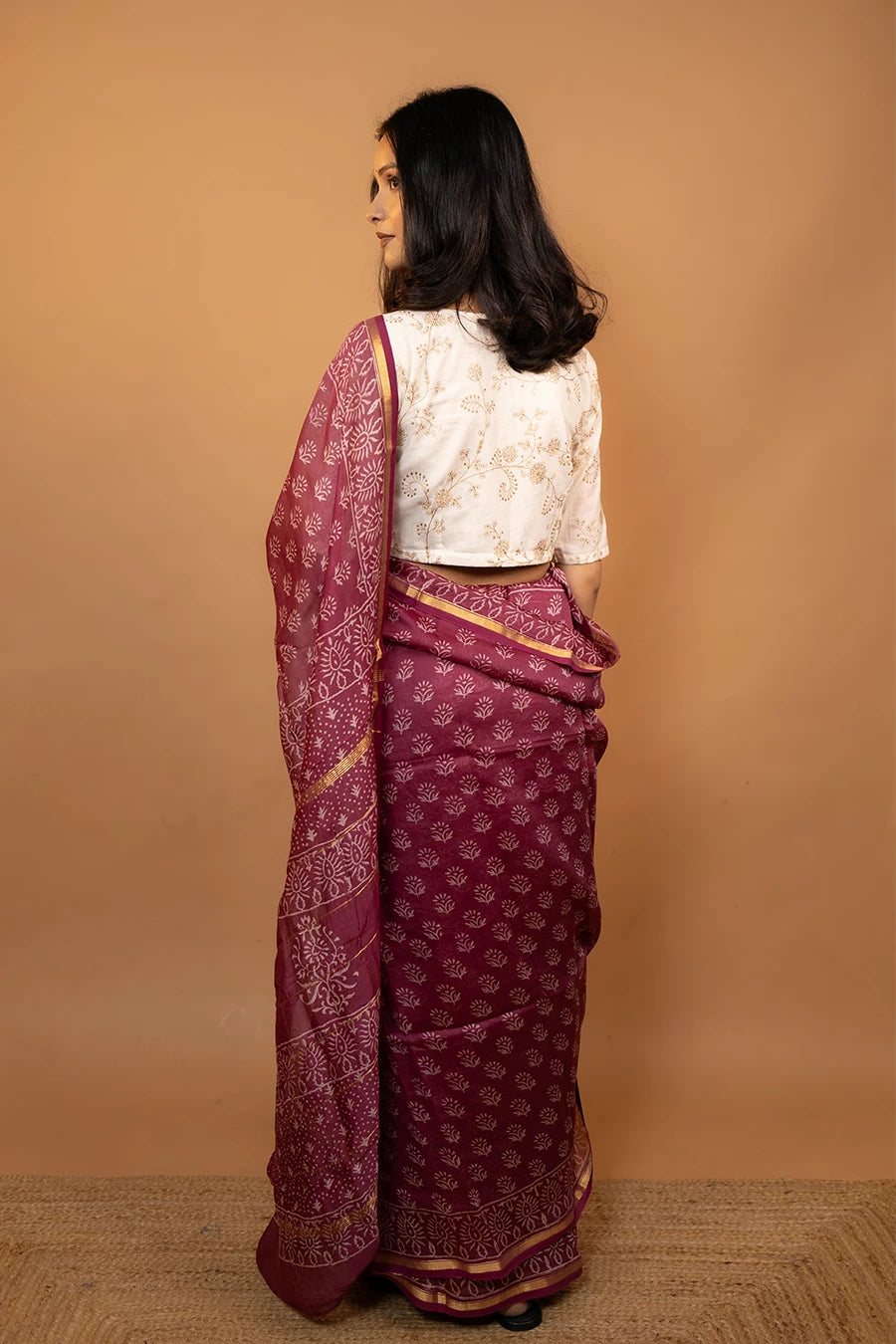 Style Affair pink hand block printed Chanderi silk saree