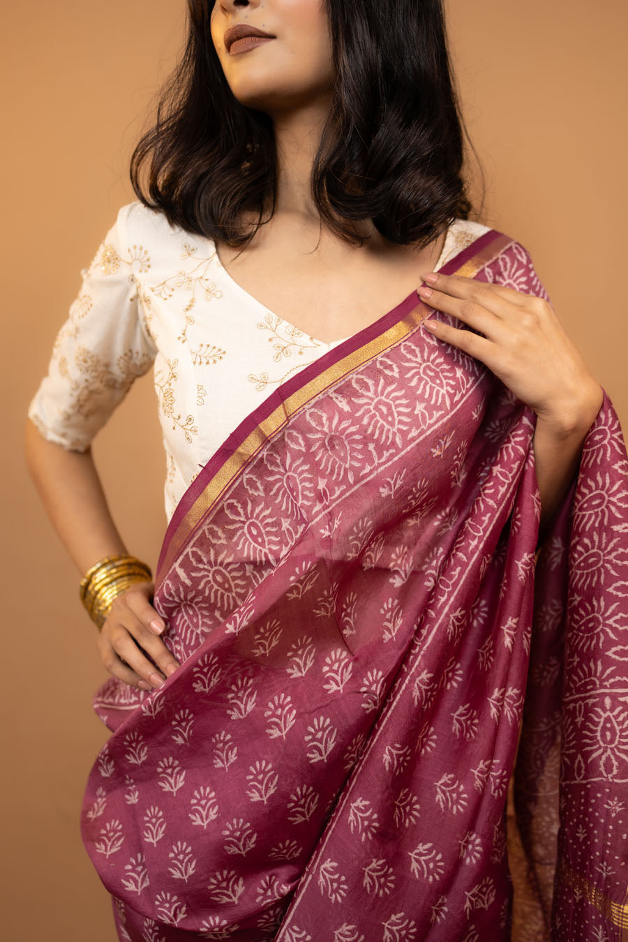 Style Affair pink hand block printed Chanderi silk saree