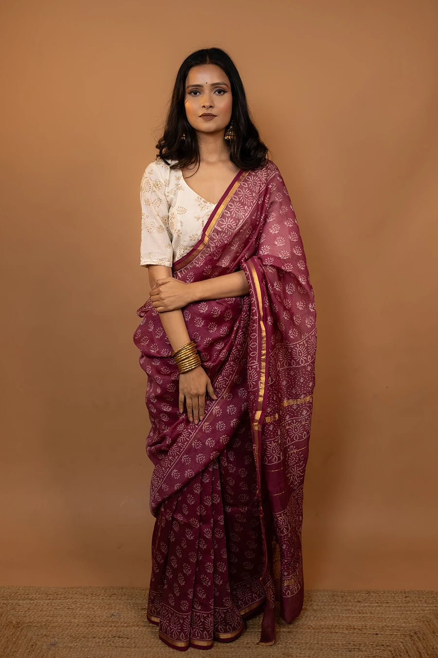 Style Affair pink hand block printed Chanderi silk saree