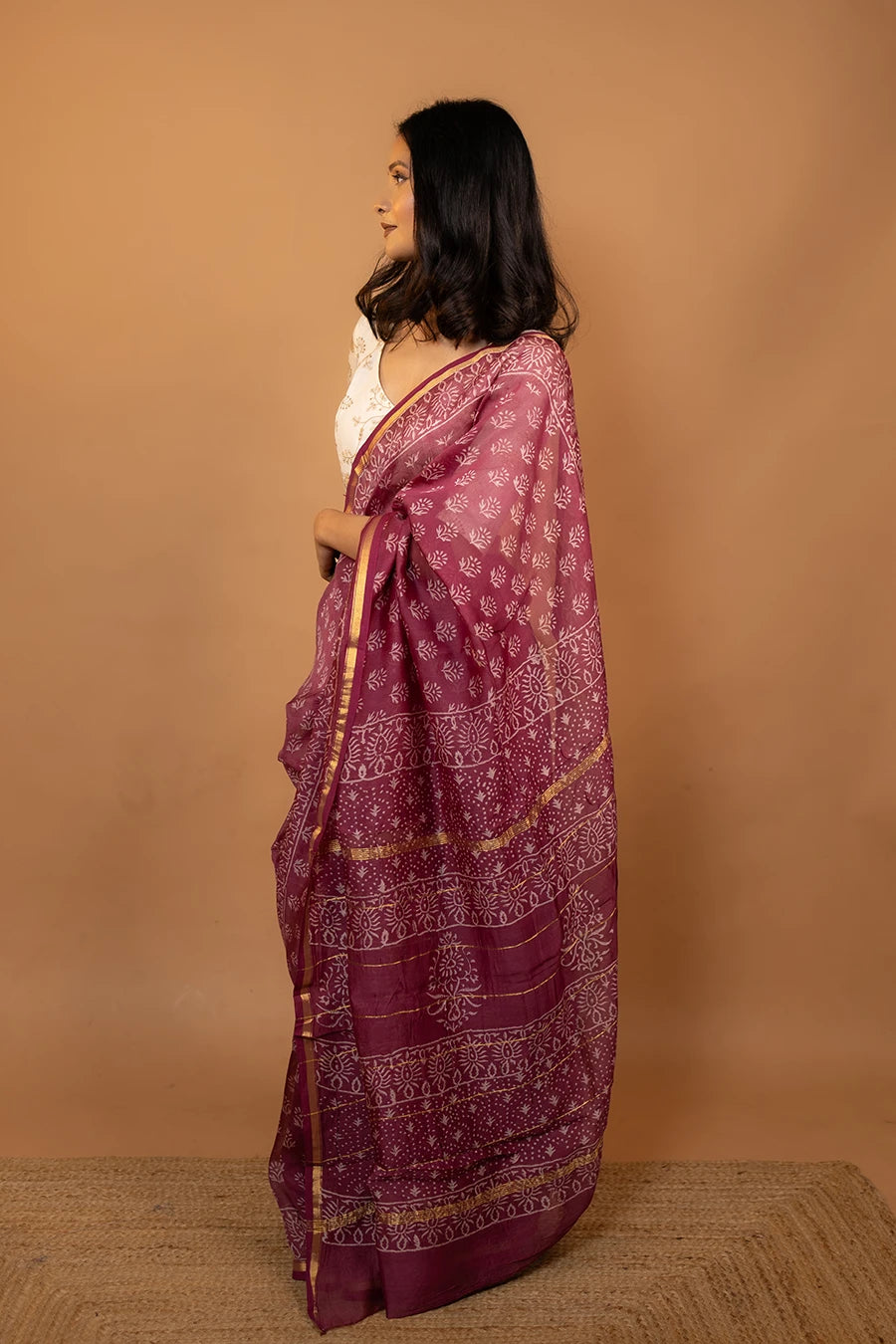 Style Affair pink hand block printed Chanderi silk saree