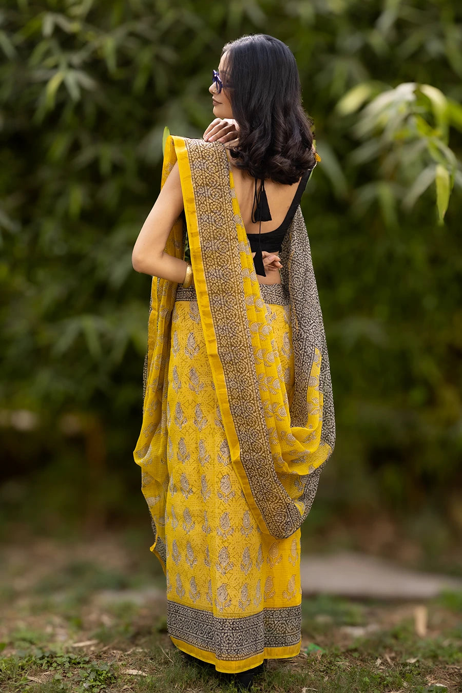 Summer Whisper yellow hand block printed pure kota cotton saree