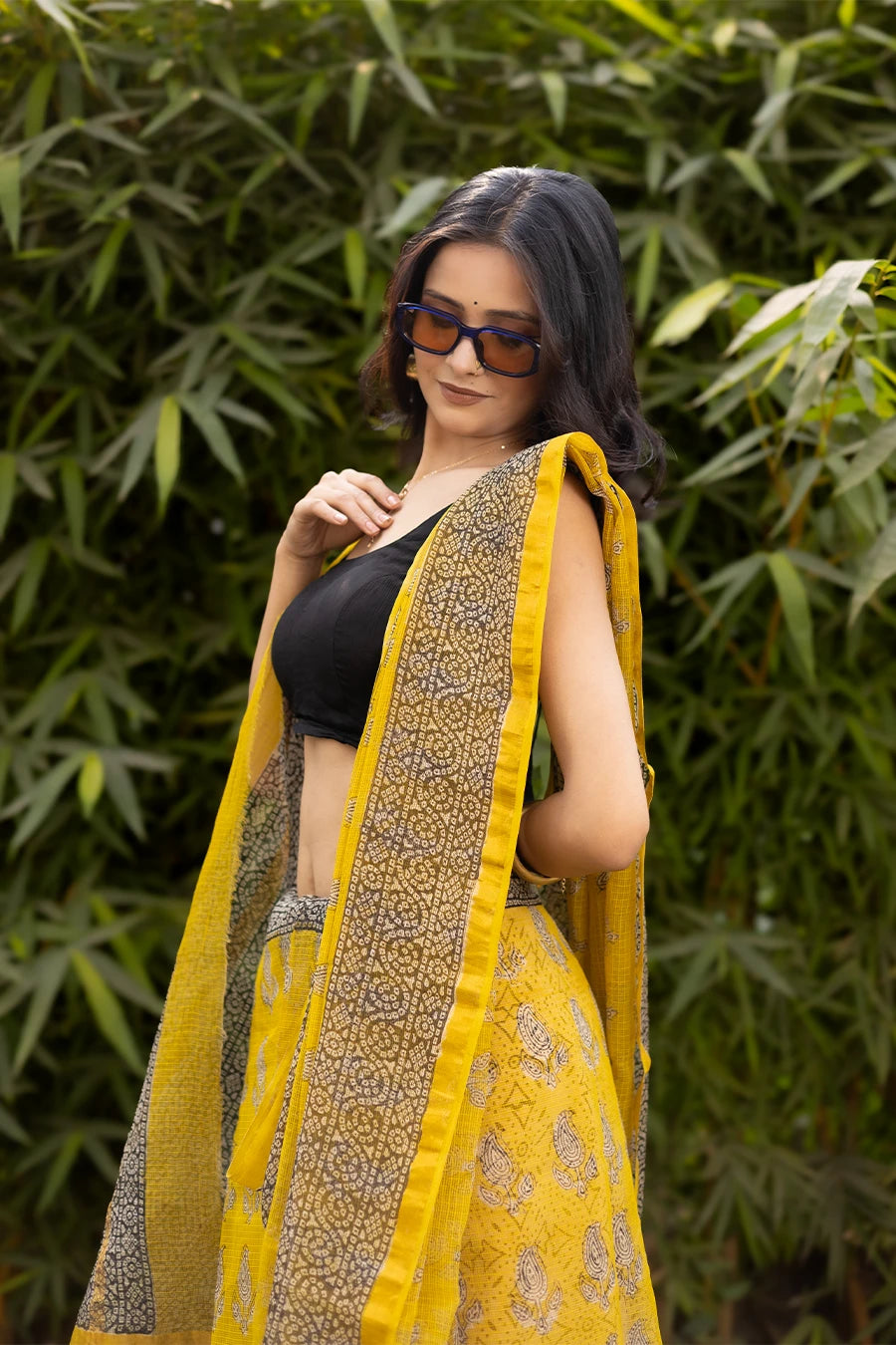 Summer Whisper yellow hand block printed pure kota cotton saree