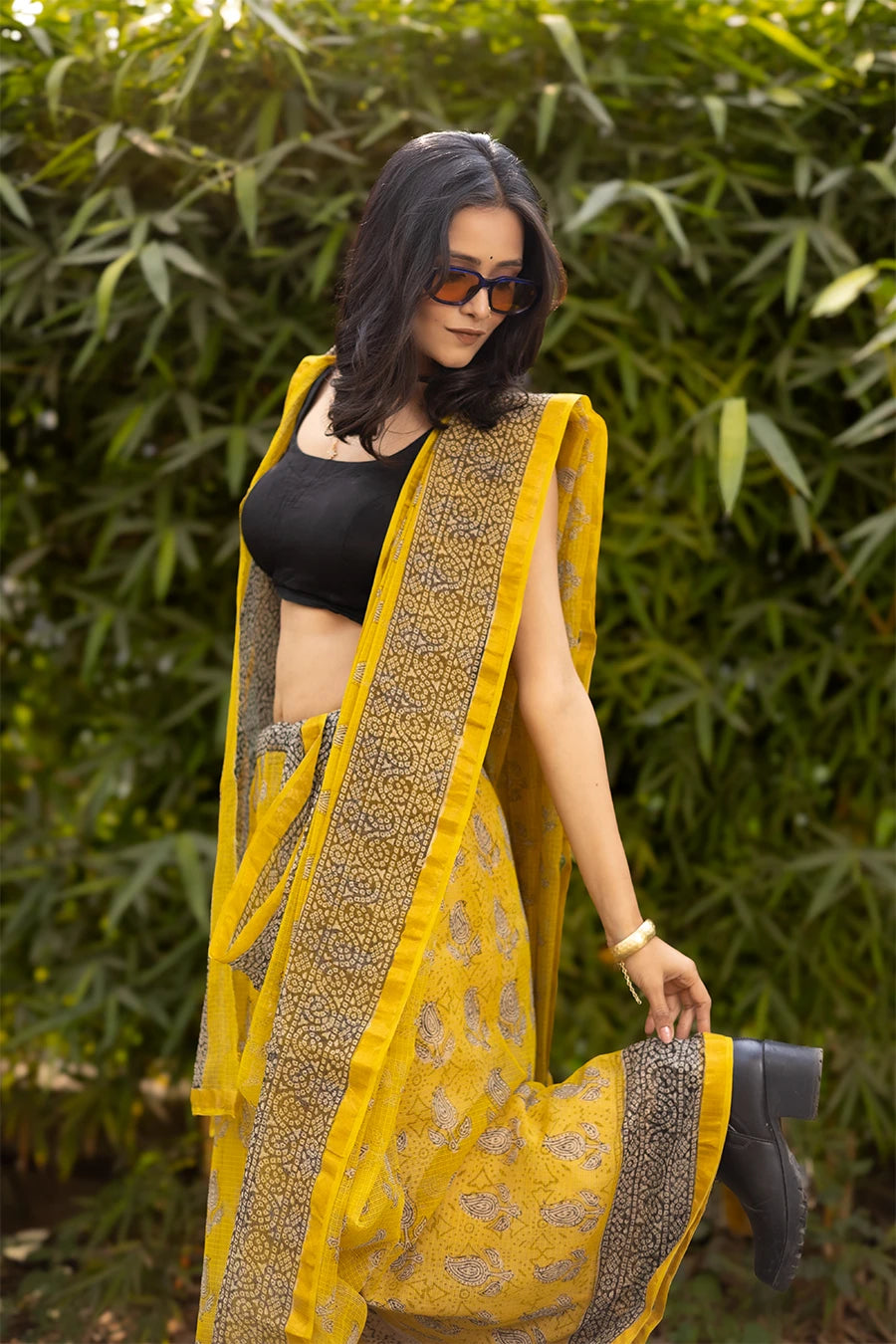 Summer Whisper yellow hand block printed pure kota cotton saree