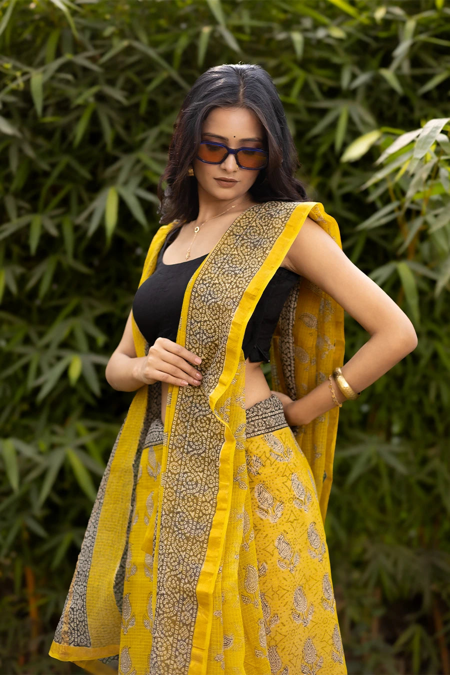 Summer Whisper yellow hand block printed pure kota cotton saree