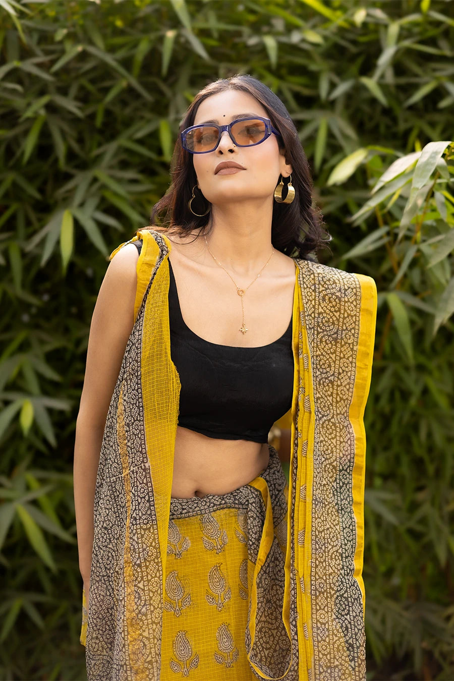 Summer Whisper yellow hand block printed pure kota cotton saree