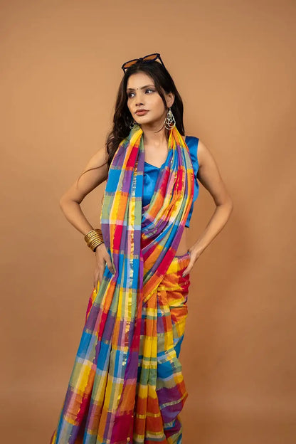 Multi color pure mulmul cotton saree with zari block