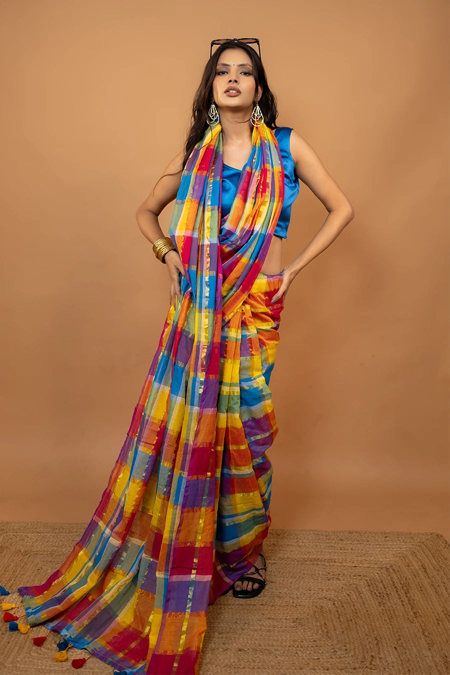 Multi color pure mulmul cotton saree with zari block