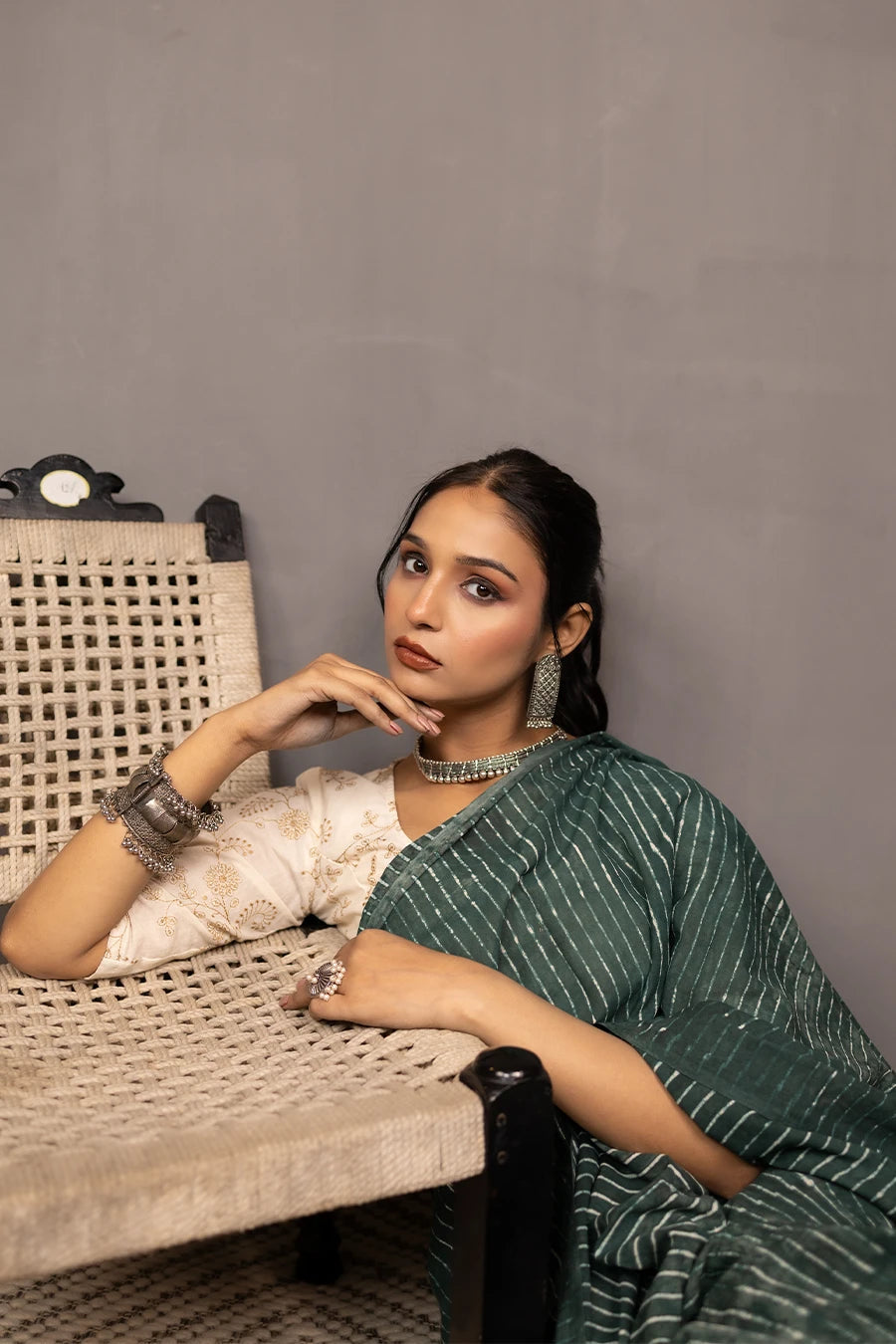 Taana Baana - Green Hand Block Printed Mulmul Cotton Saree MeMaana