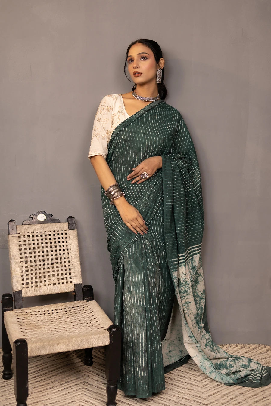 Taana Baana - Green Hand Block Printed Mulmul Cotton Saree MeMaana