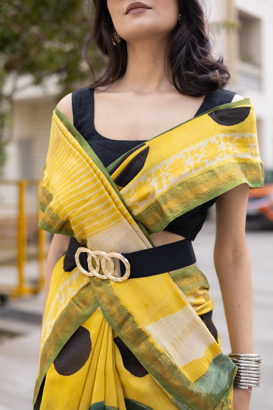 Lightweight yellow Maheshwari silk saree with polka dots and matching blouse