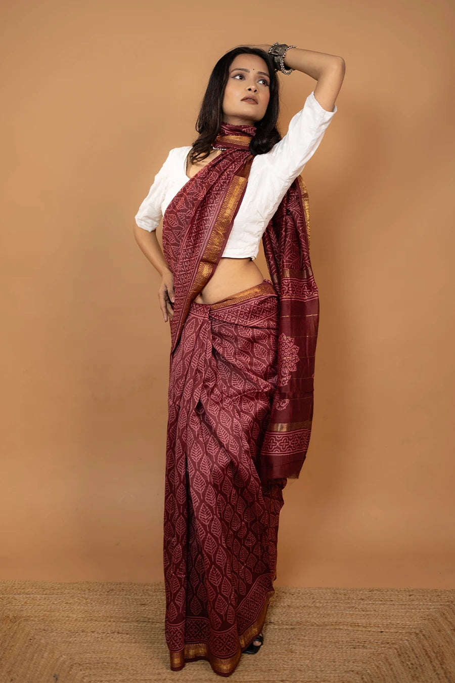Maroon block printed Maheshwari silk saree