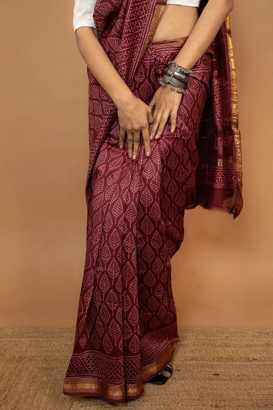 Maroon block printed Maheshwari silk saree