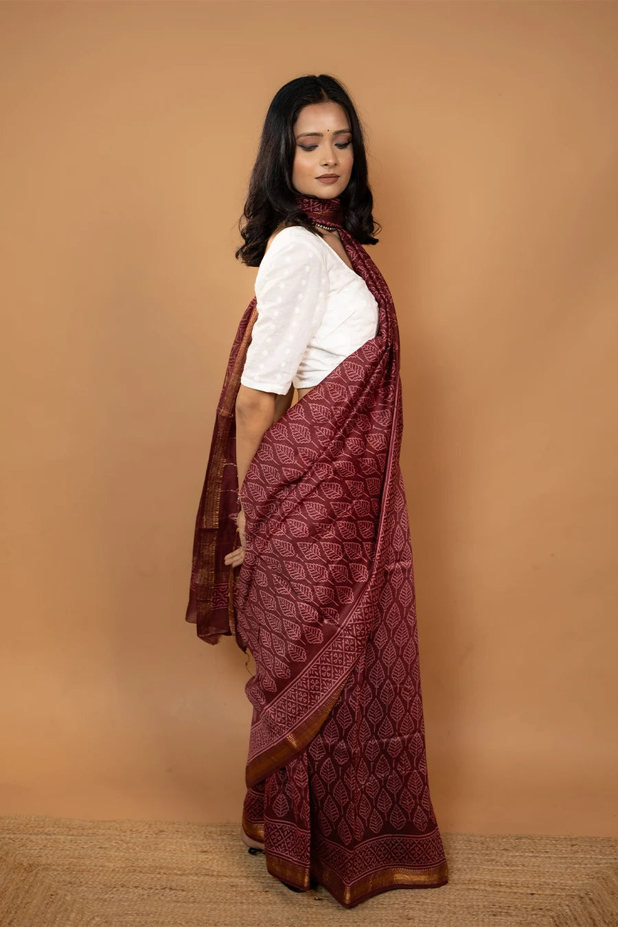 Maroon block printed Maheshwari silk saree
