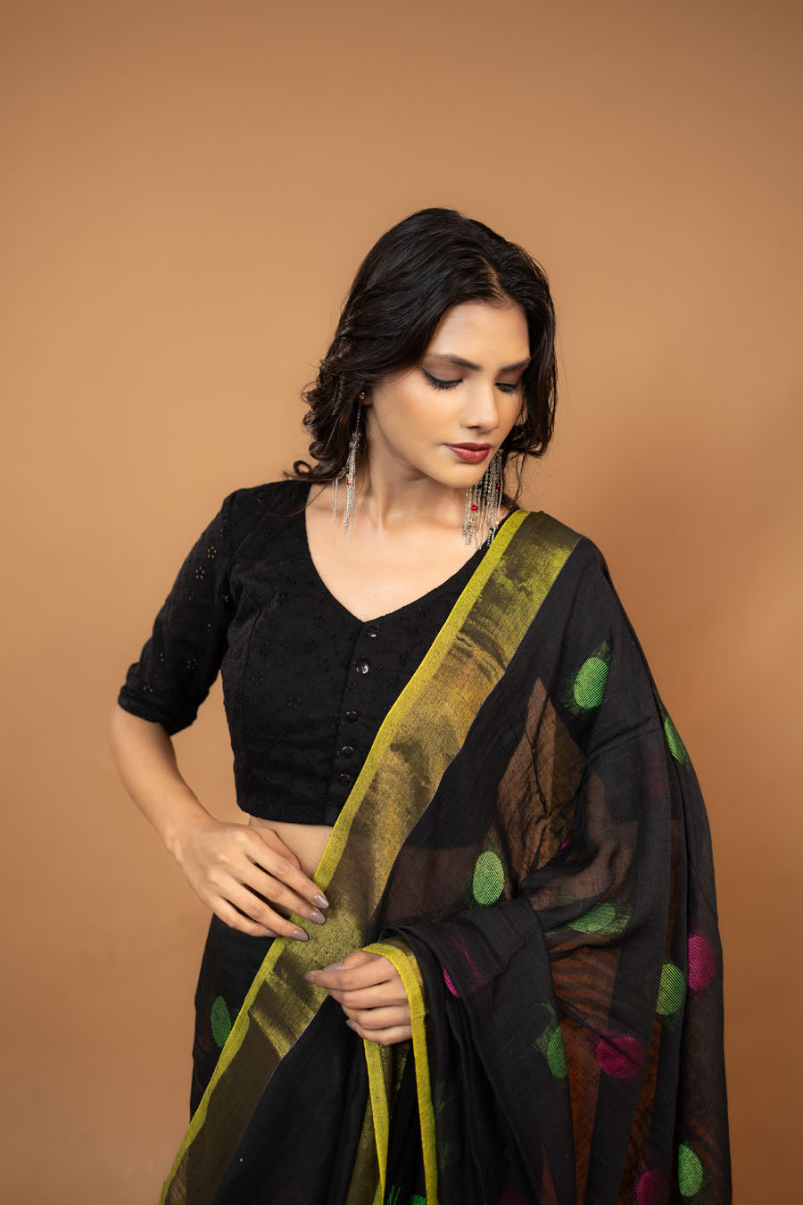 The Navika Loom black handloom khadi cotton saree