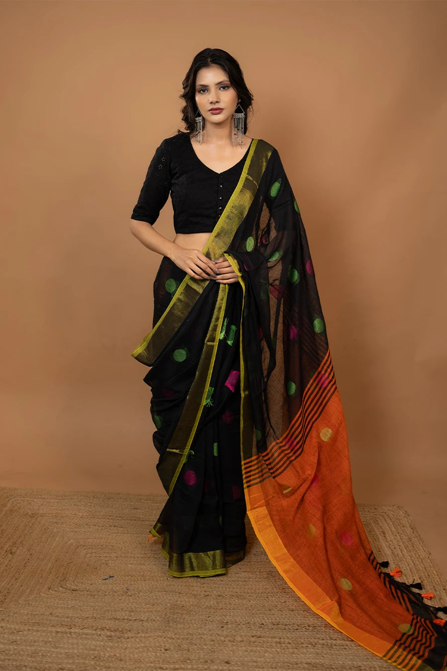 The Navika Loom black handloom khadi cotton saree