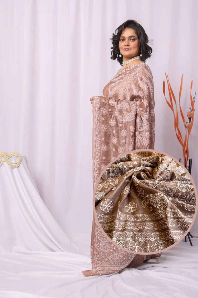 Fabnuma Handcrafted Brown Tussar Silk Chikankari Saree-Blouse Fabnuma