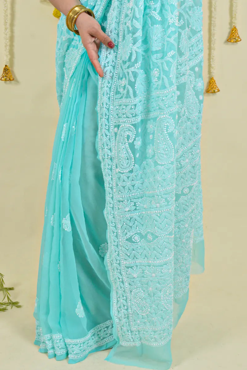 Fabnuma Handcrafted Sea Green Georgette Chikankari Saree-Blouse Fabnuma