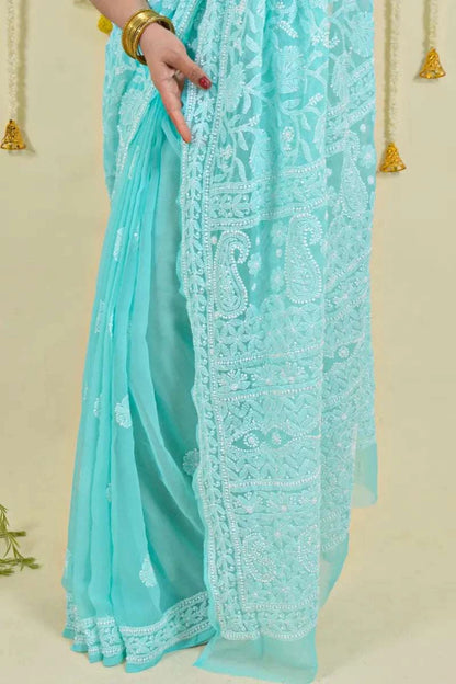 MeMaana Handcrafted Sea Green Georgette Chikankari Saree-Blouse MeMaana