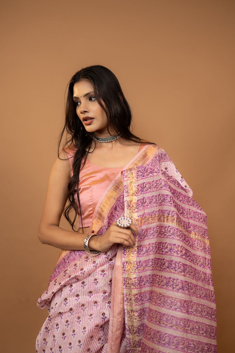 Whimsy Style pink Maheshwari silk hand block printed saree