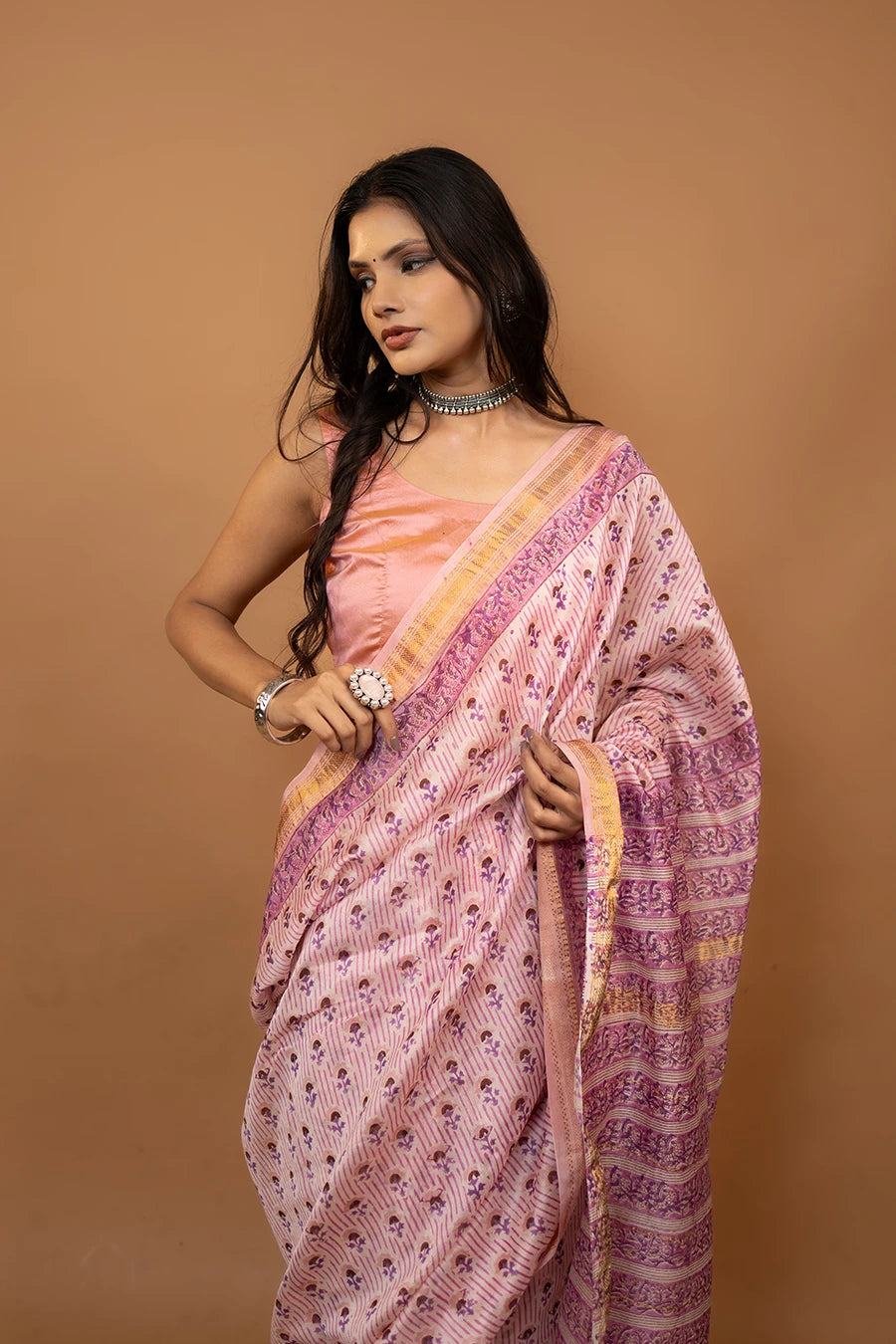 Whimsy Style pink Maheshwari silk hand block printed saree