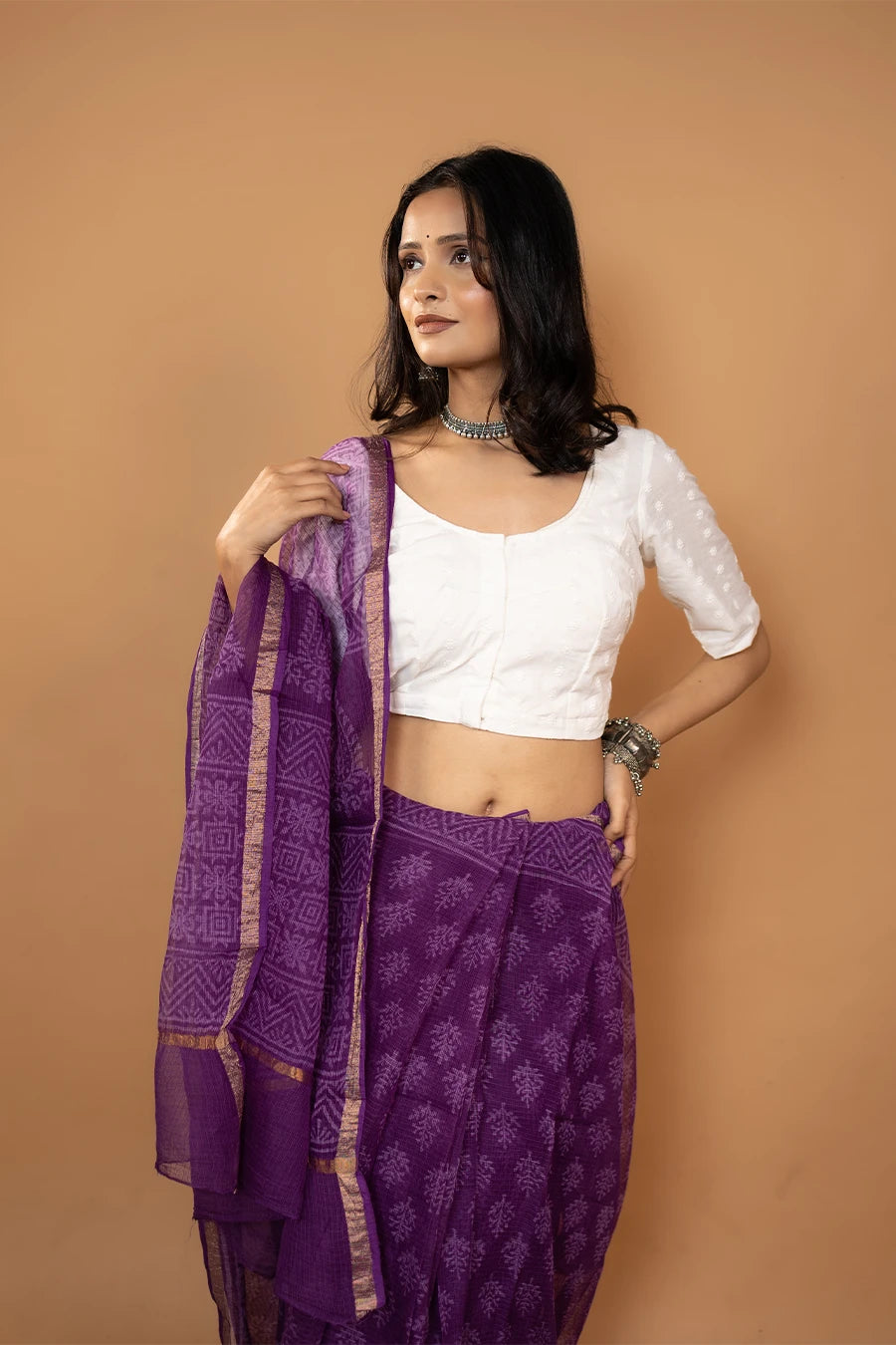 Purple hand block printed pure kota cotton saree