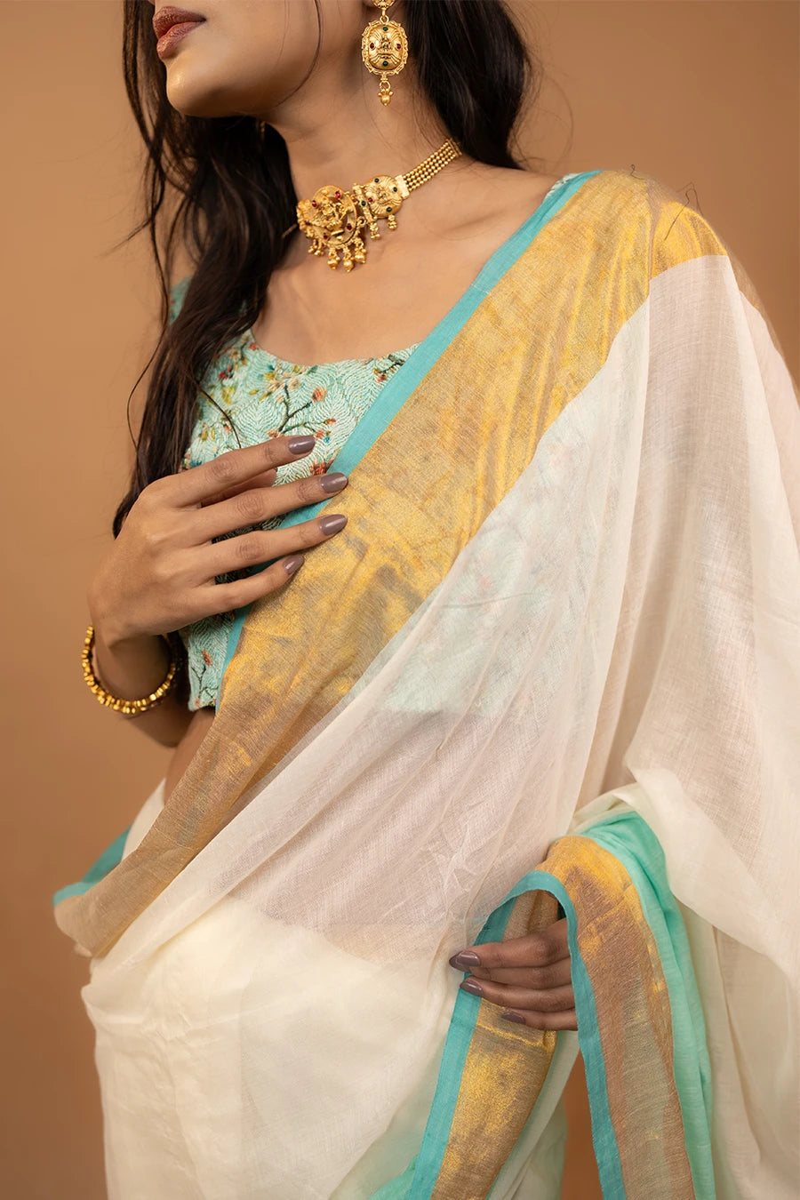 Zari Edit cream pure mul cotton saree with zari border