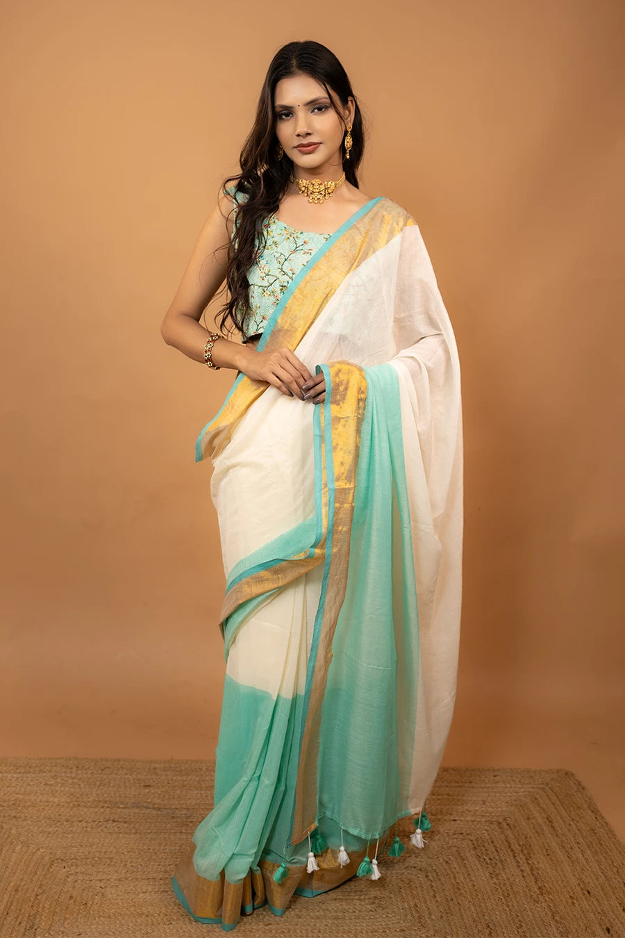 Zari Edit cream pure mul cotton saree with zari border