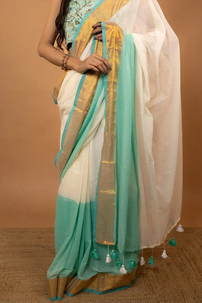 Zari Edit cream pure mul cotton saree with zari border