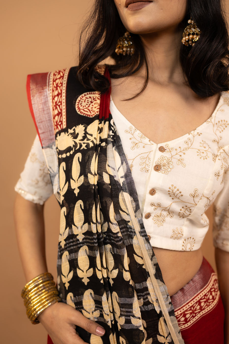 Ziya Fold red black hand block printed linen cotton saree