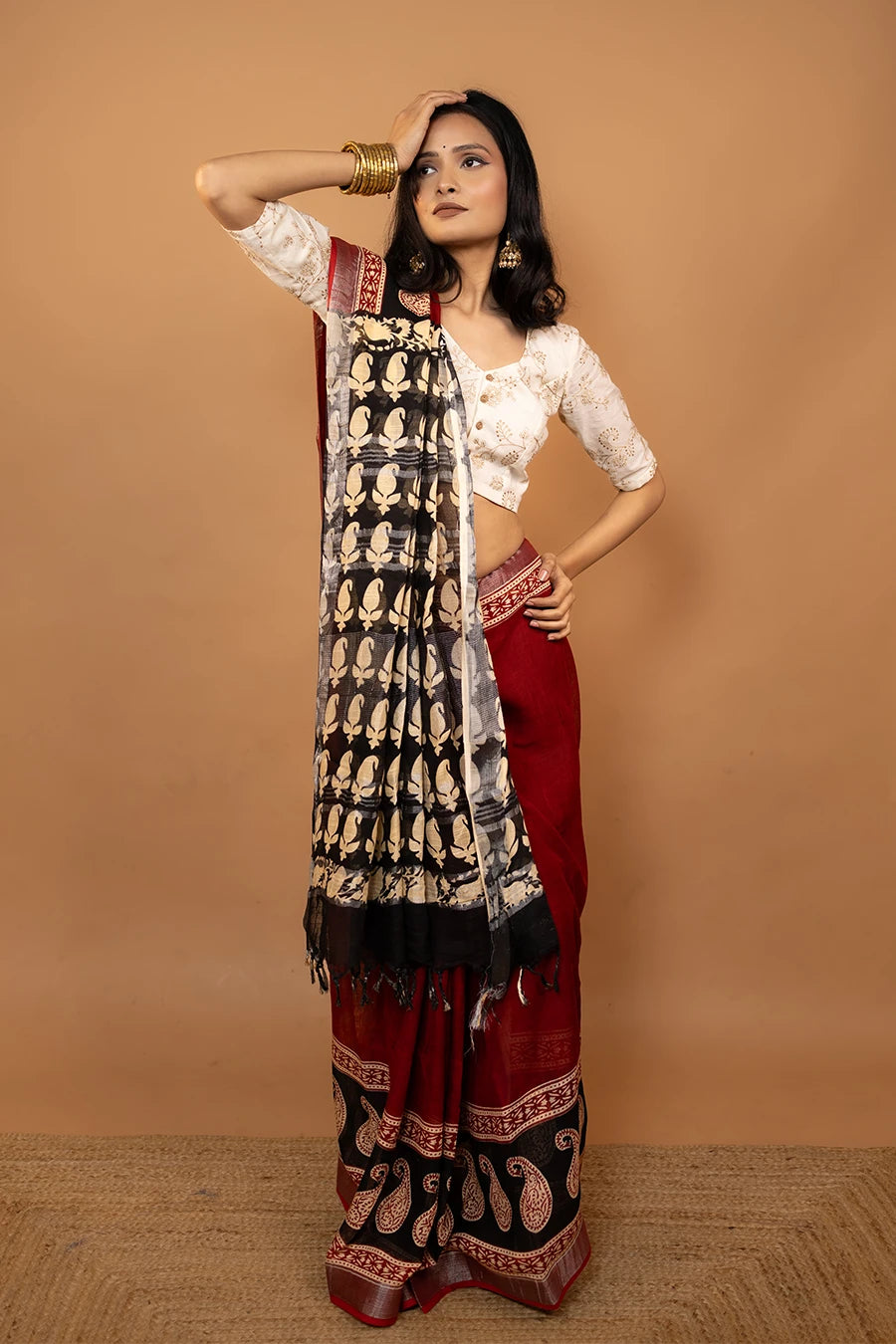 Ziya Fold red black hand block printed linen cotton saree